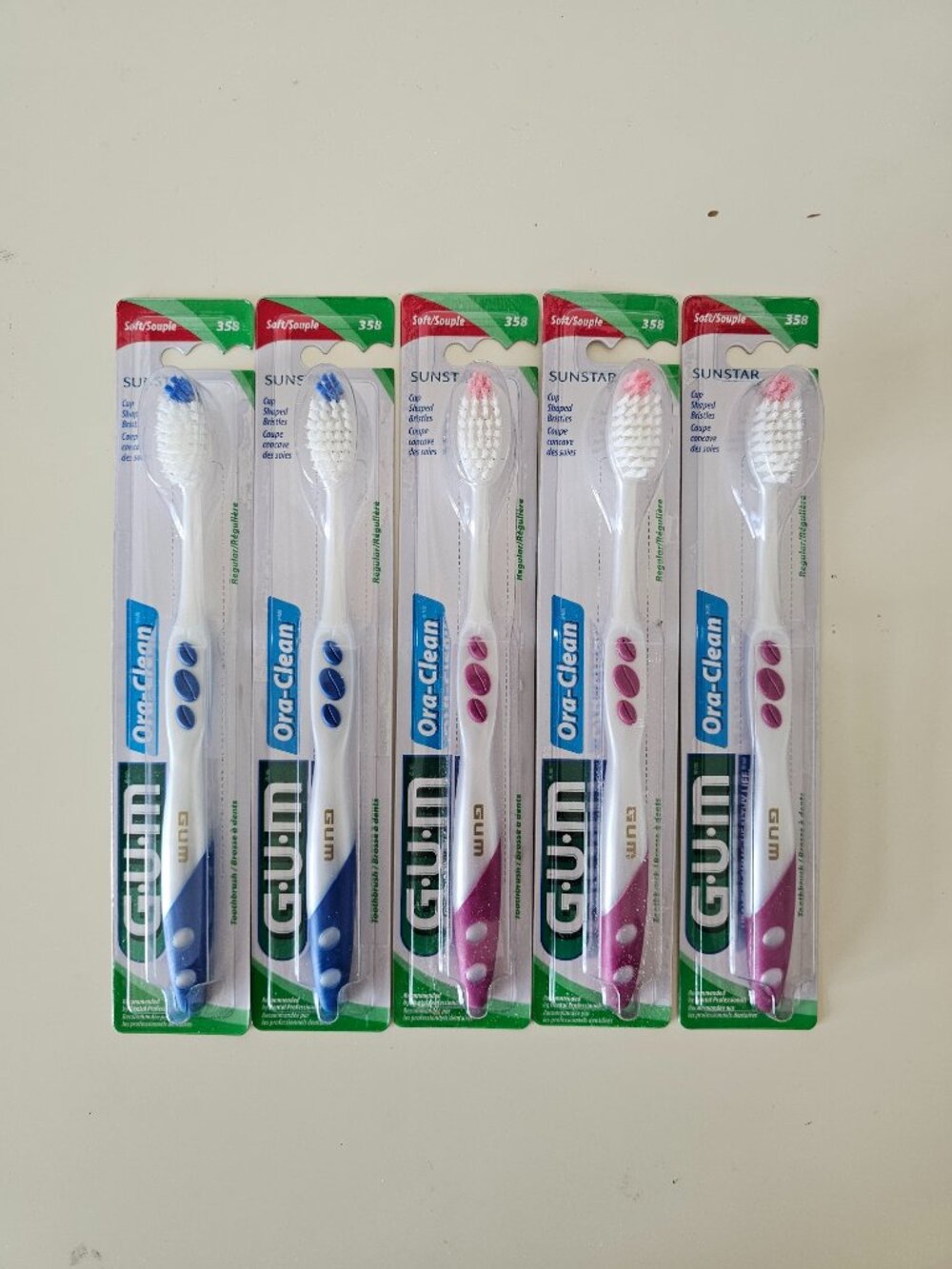 5 x GUM Sunstar 358 Soft Ora-Clean Toothbrushes Rubber Thumb Pads